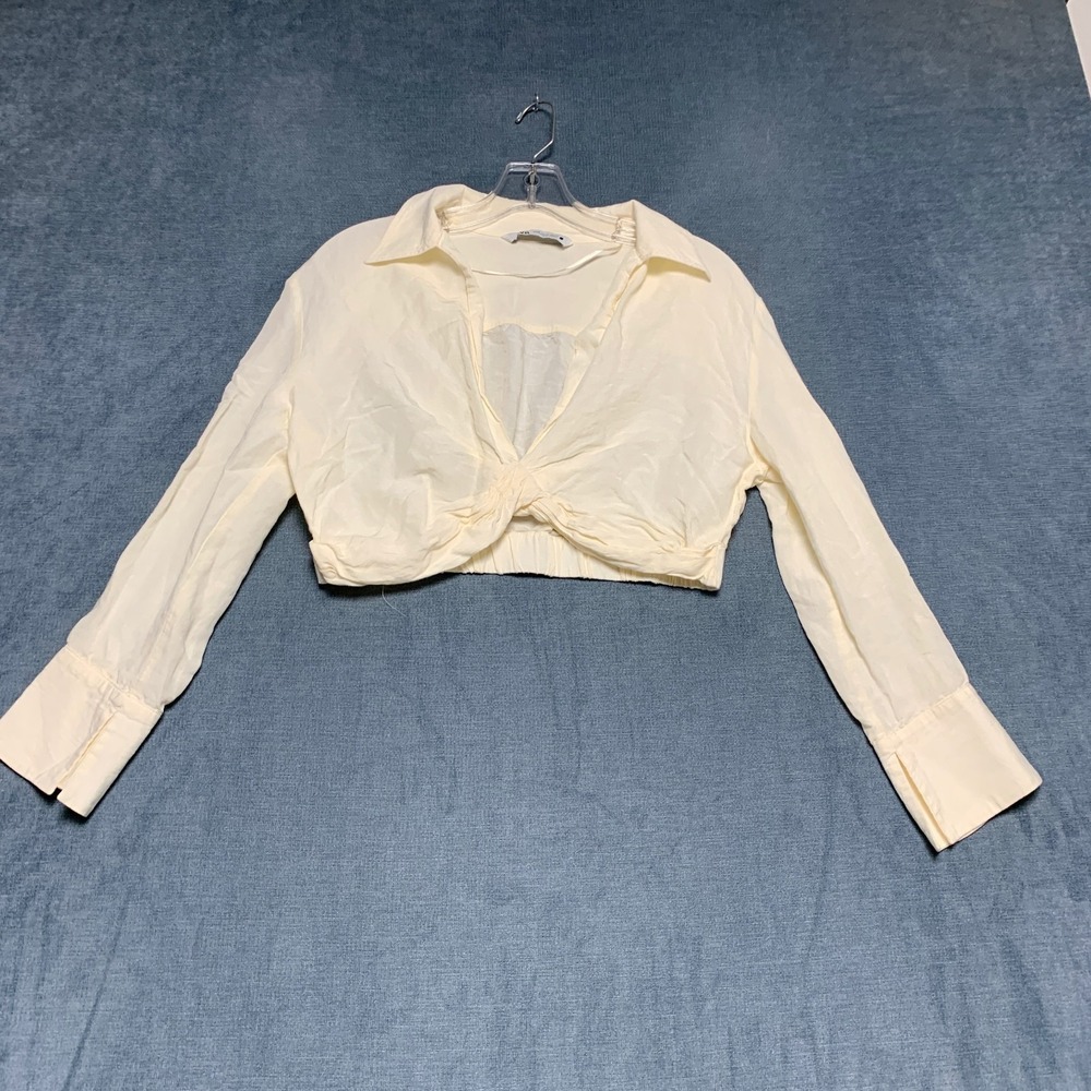 Zara‎ Cropped Top Womens Medium Beige Knotted Front Collared Casual Long Sleeve